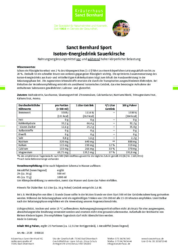 Sanct Bernhard Sport Isoton-Energiedrink Sauerkirsche